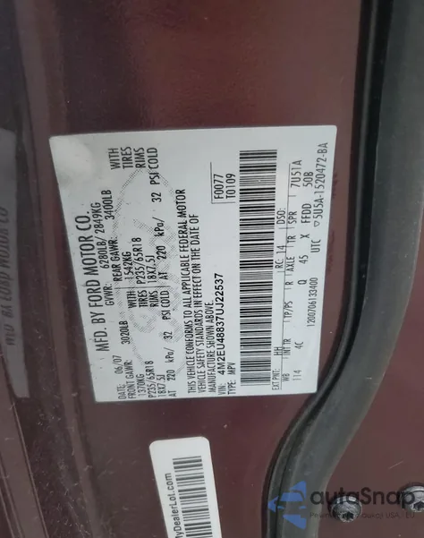 2007 Mercury Mountaineer Premier from USA, damaged, VIN 4M2EU48837UJ22537